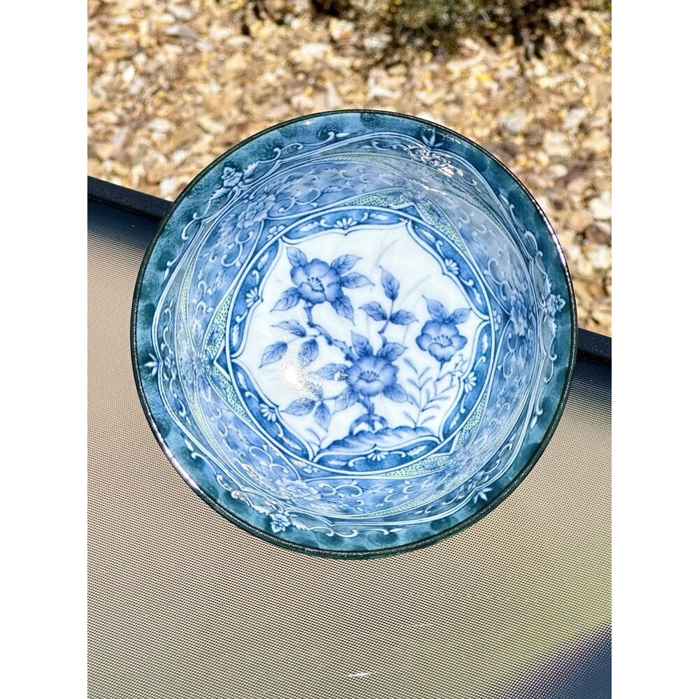 Vtg MCI Japan Blue And White  With Hint Of Green Floral Design Rice-Soup Bowl